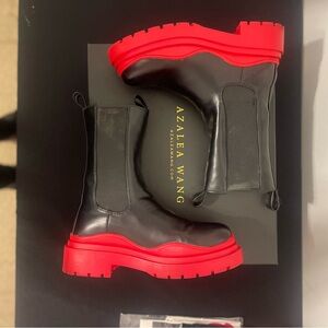 Red Black wavy boots Bottega inspired veneta winter rain snow weather